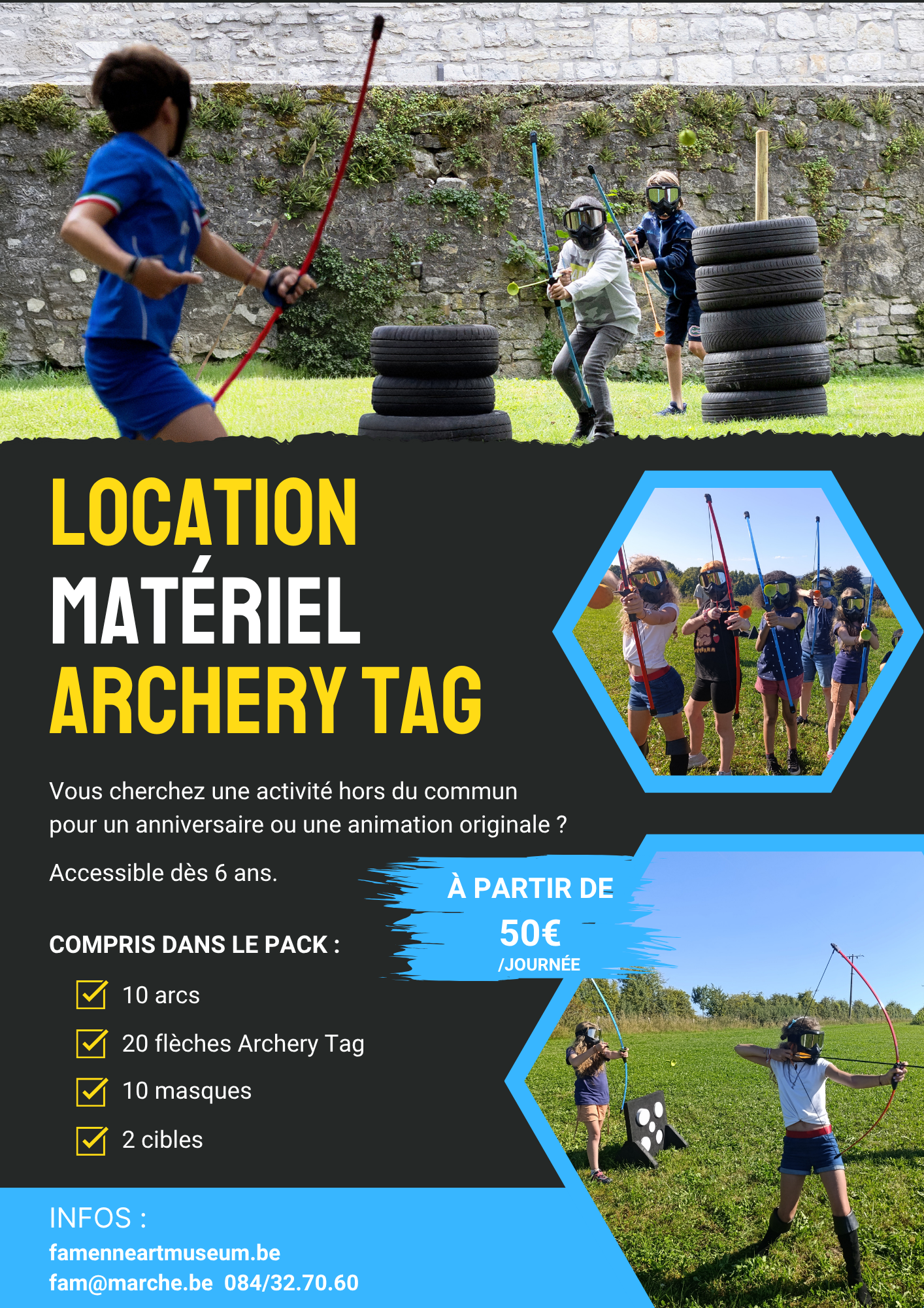 Affiche pour la location du kit archery tag junior au Famenne & Art Museum