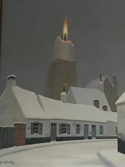 Tableau de Fernand Poncelet illustrant un clocher d'église devenu une bougie de cire, à l'arrière d'une ruelle aux maison anciennes enneigées. Exposition temporaire au Famenne & Art Museum à Marche-en-Famenne
