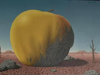 Tableau de Fernand Poncelet illustrant une pomme géante posée sur un sol aride. Exposition temporaire au Famenne & Art Museum à Marche-en-Famenne
