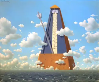 Tableau de Fernand Poncelet illustrant un métronome dans le ciel. Exposition temporaire au Famenne & Art Museum à Marche-en-Famenne