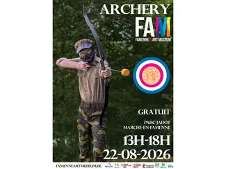 Affiche de la journée Archery FAM 2026 au Famenne & Art Museum présentant un homme équipé du matériel d'archery tag