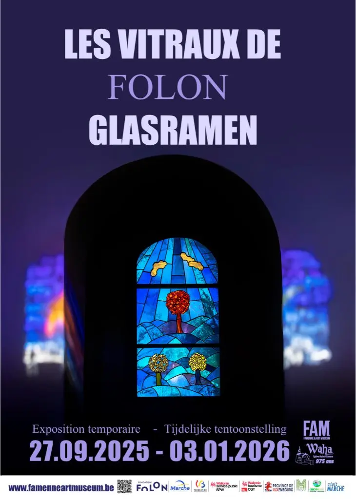 Tijdelijke tentoonstelling: glas-in-loodramen van Folon in het Famenne & Art Museum Affiche voor de tijdelijke tentoonstelling Folon's Stained Glass Windows in het Famenne & Art Museum