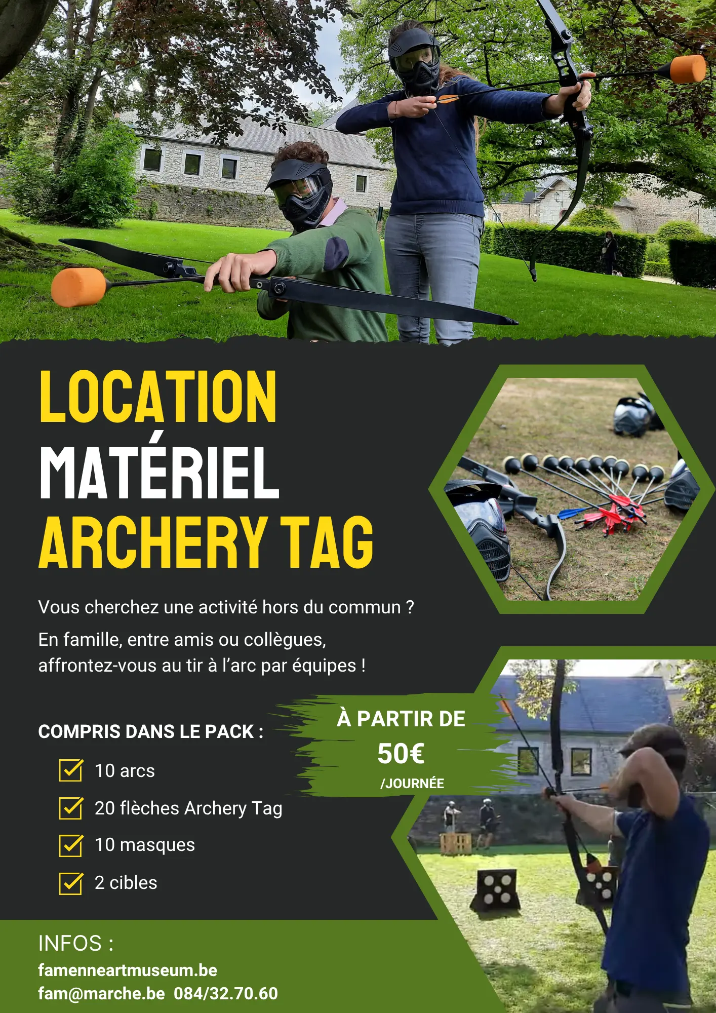 Affiche pour la location du matériel d'archery tag au Famenne &amp; Art Museum