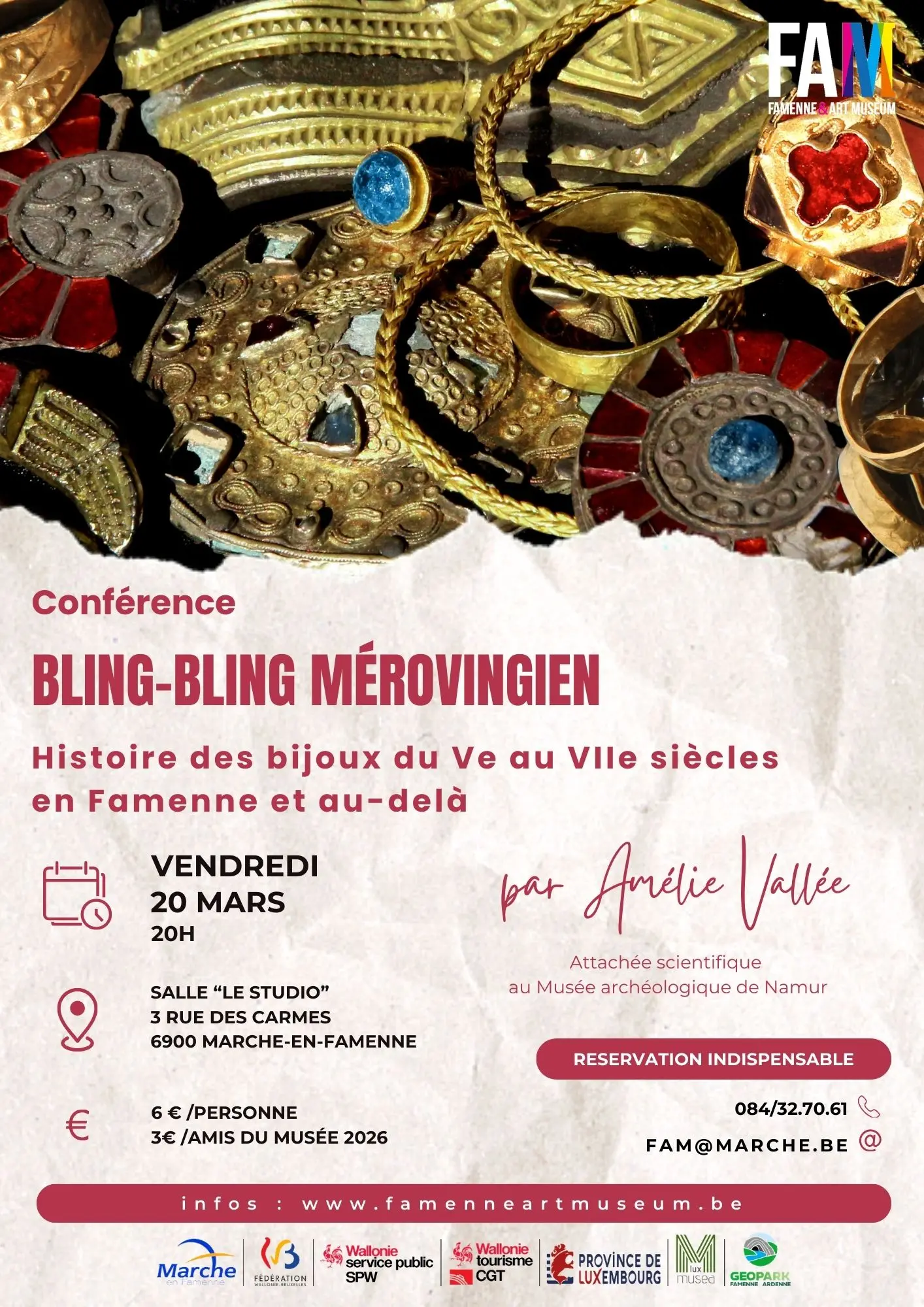 Affiche de la conférence sur les bijoux archéologiques intitulée Bling-bling Mérovingien par Amélie Vallée au Famenne &amp; Art Museum le 20 mars 2026
