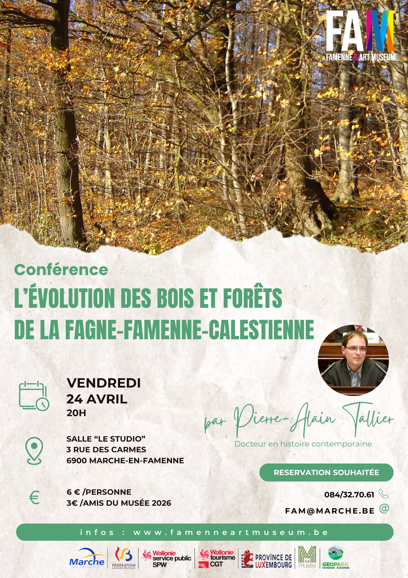 Affiche de la conférence sur l'évolution des forêts en Famenne-Calestienne le 24 avril 2026 au Famenne &amp; Art Museum