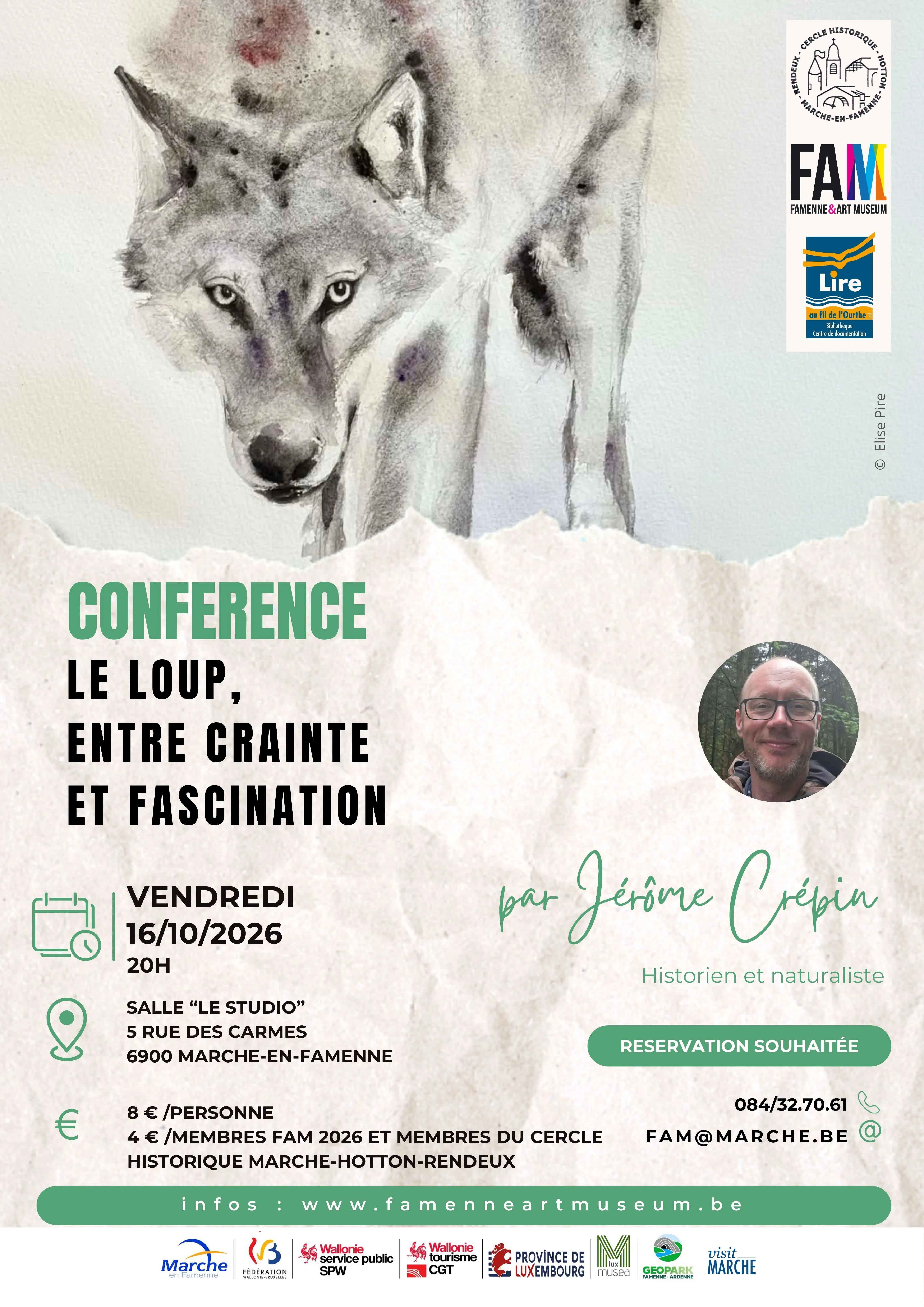 Affiche de la conférence sur l'histoire du loup par Jérome Crépin le 16 octobre 2026 à Marche en Famenne