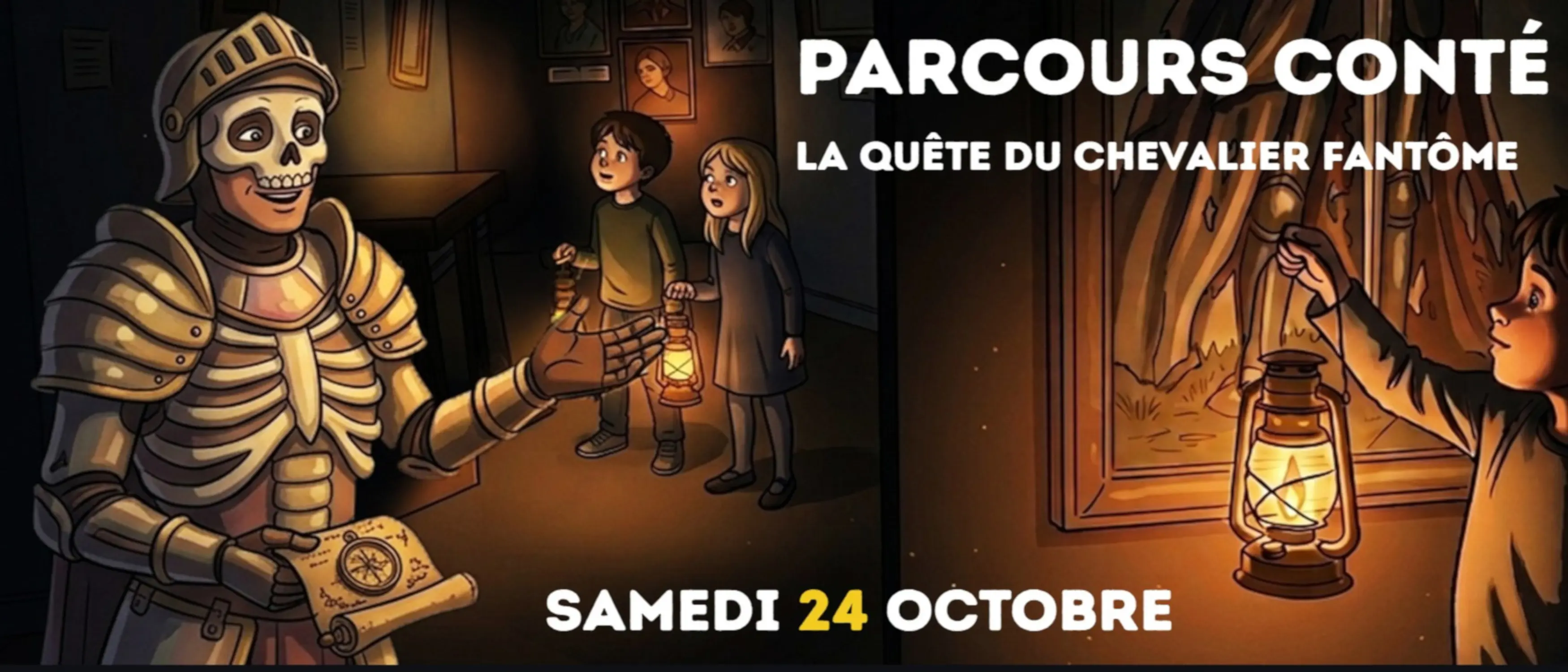 Squelette en armure expliquant la quête à mener à trois enfants tenant des lanternes. Illustration du parcours d'Halloween 2026 au Famenne &amp; Art Museum