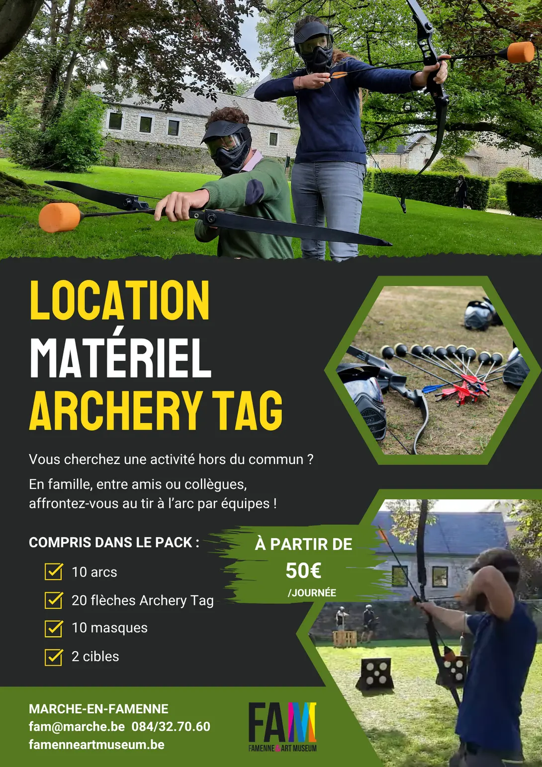 Affiche pour la location du matériel d'archery tag au Famenne &amp; Art Museum