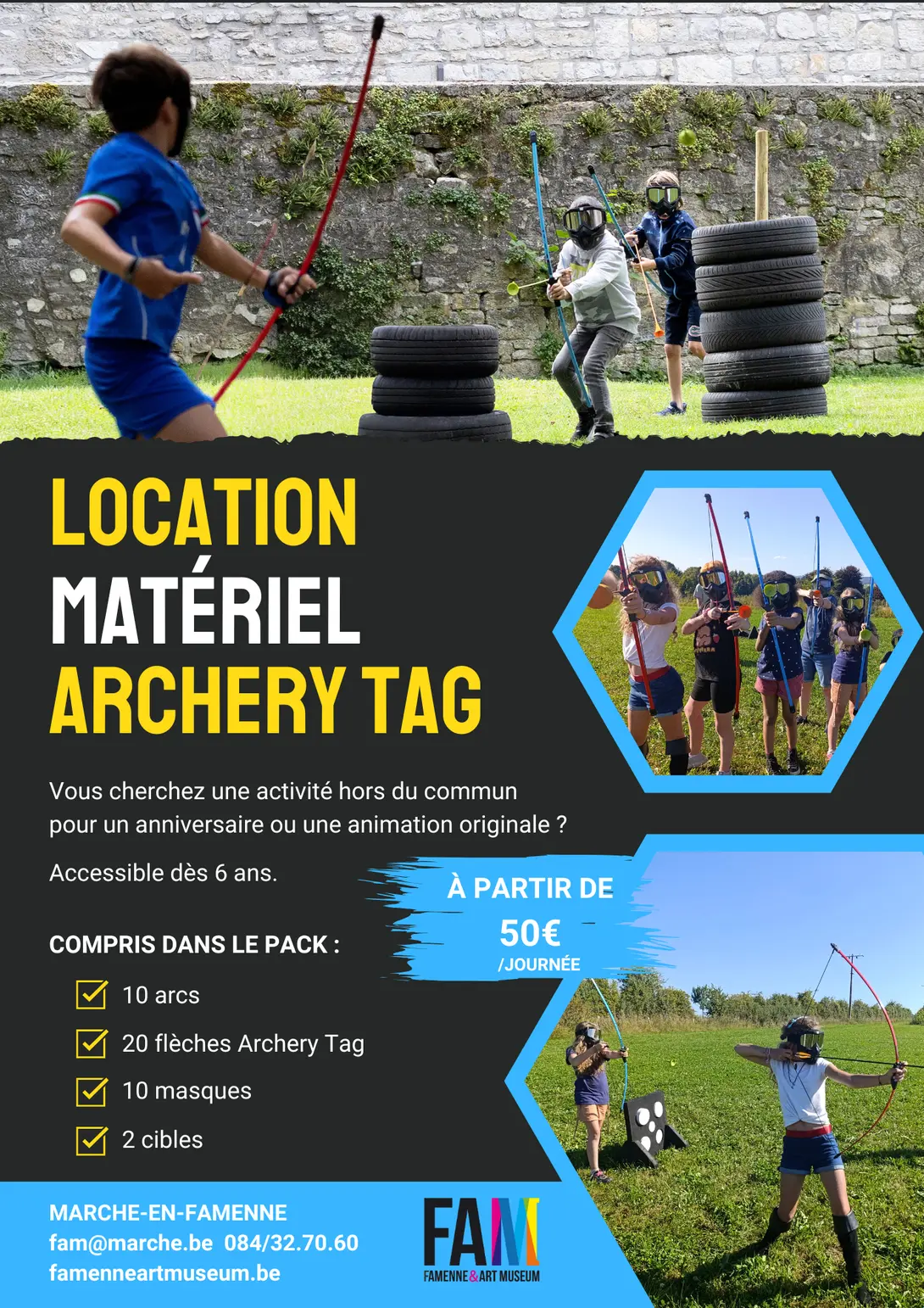 Affiche pour la location du kit archery tag junior au Famenne &amp; Art Museum