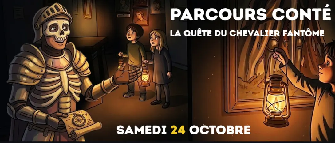 Squelette en armure expliquant la quête à mener à trois enfants tenant des lanternes. Illustration du parcours d'Halloween 2026 au Famenne &amp; Art Museum